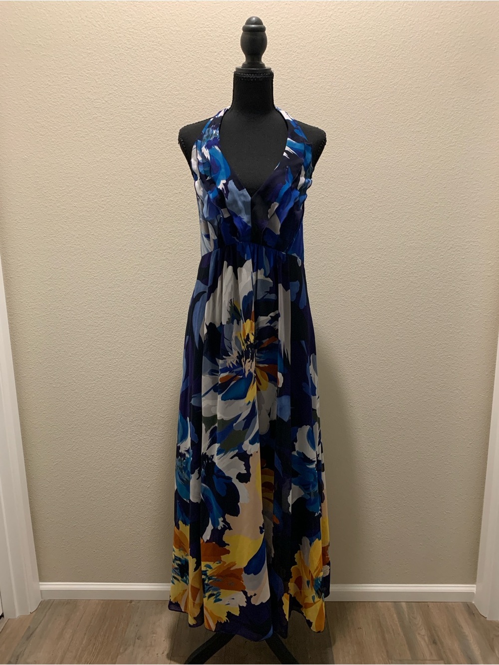 Jones New York Navy and Yellow Floral Halter Maxi Dress (Size 14)